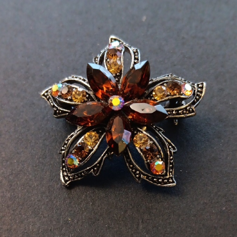 GorgeousFloral Crystal Brooch with Brown and Gold Accents